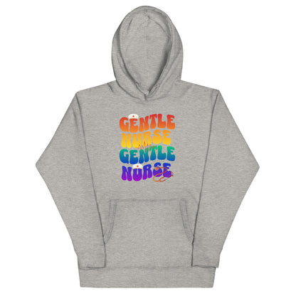 Gentle Nurse unisex hoodie in heather gray with colorful text design, perfect for nursing professionals.