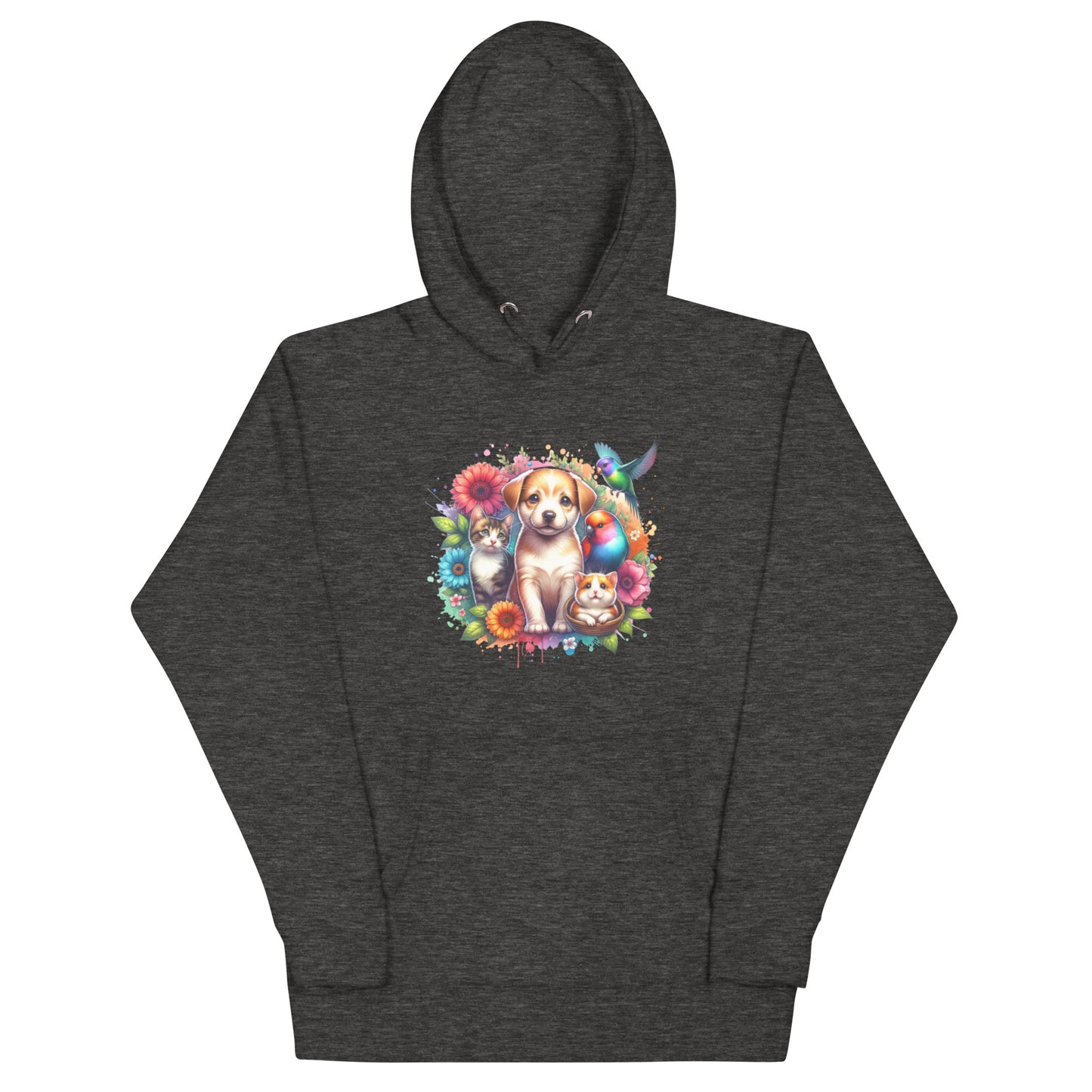Cozy Poppy & Pals unisex hoodie featuring a charming puppy and adorable animals with floral accents.