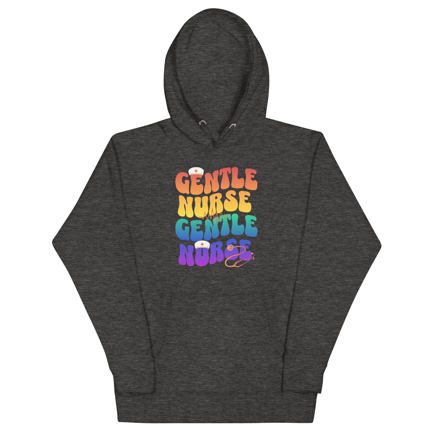 Unisex Gentle Nurse hoodie in dark color featuring colorful text design, perfect for nursing professionals.