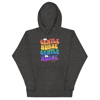 Unisex Gentle Nurse hoodie in dark color featuring colorful text design, perfect for nursing professionals.