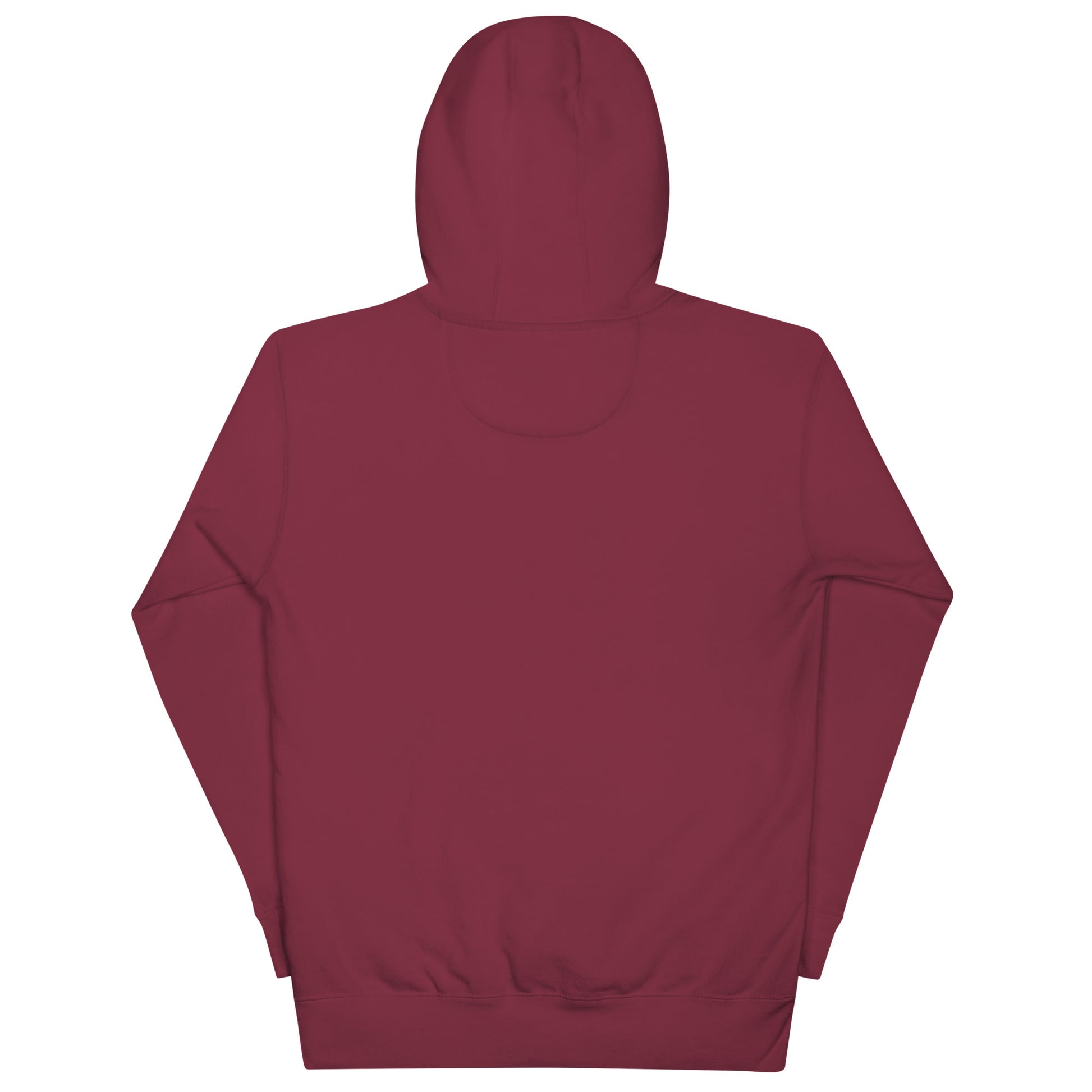 Back view of a burgundy unisex hoodie with a 3-panel hood, designed for comfort and style in nursing professions.