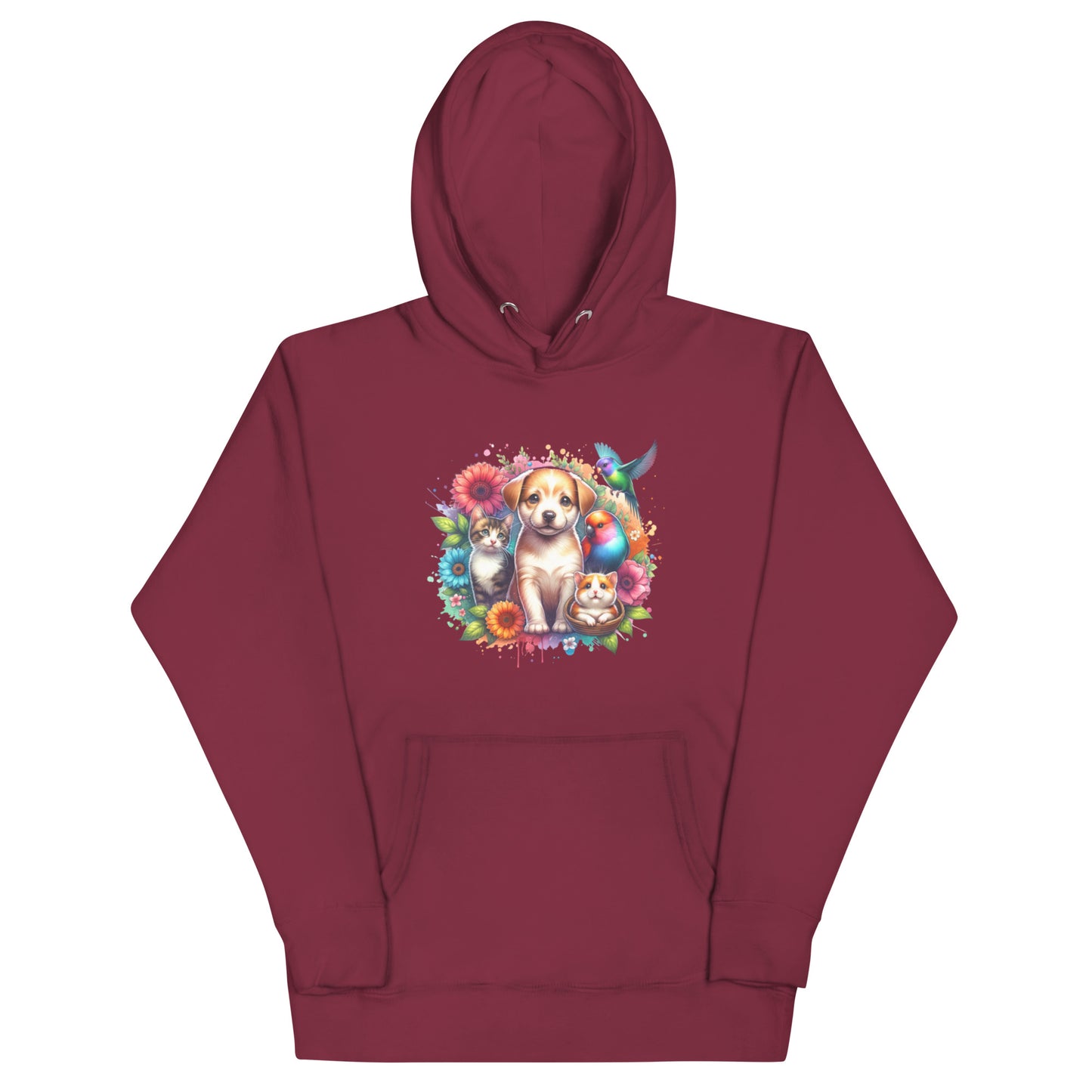 Cozy maroon unisex hoodie featuring a charming graphic of a dog and adorable animals surrounded by colorful flowers.