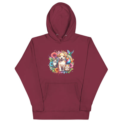 Cozy maroon unisex hoodie featuring a charming graphic of a dog and adorable animals surrounded by colorful flowers.