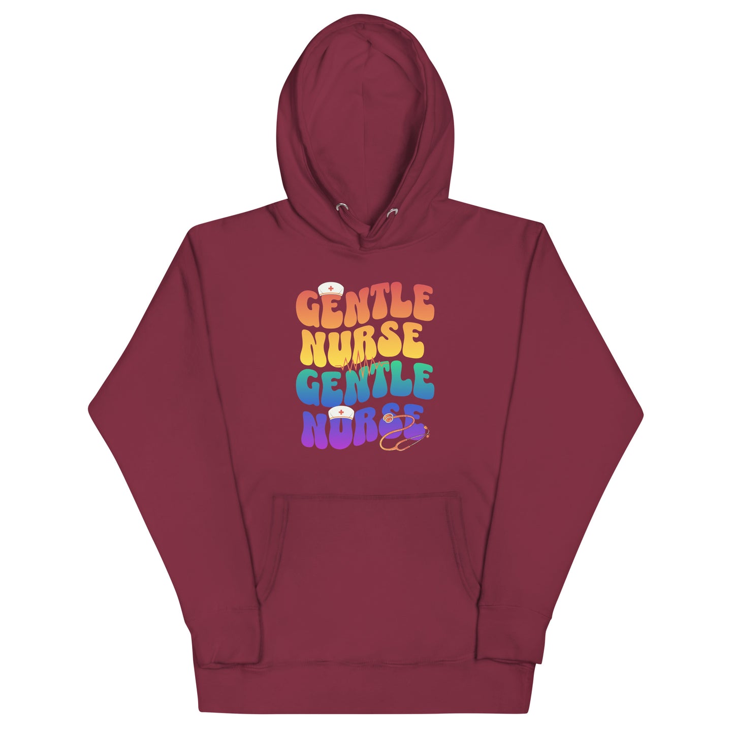 Gentle Nurse unisex hoodie in burgundy with colorful text, perfect for nursing professionals.