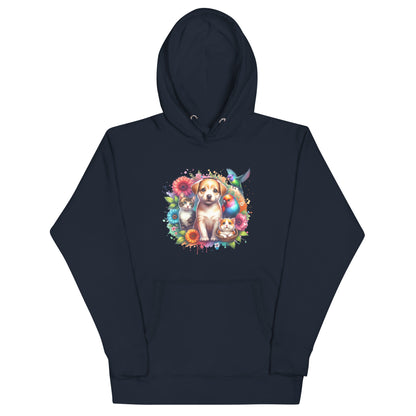 Cozy Poppy & Pals unisex hoodie featuring a charming puppy and colorful animal graphics on a dark background.