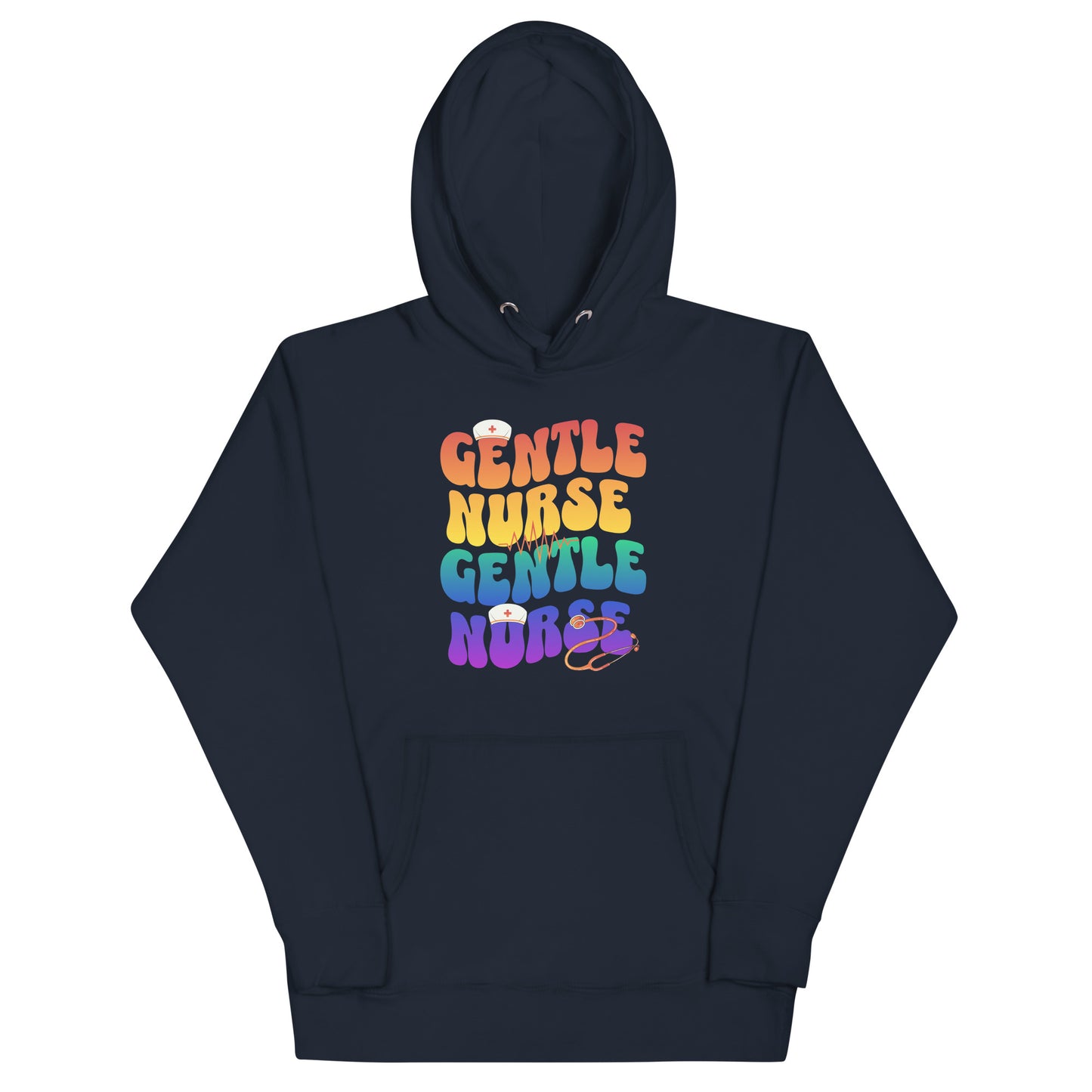 Unisex "Gentle Nurse" hoodie in navy with colorful text, featuring a front pouch pocket and 3-panel hood.