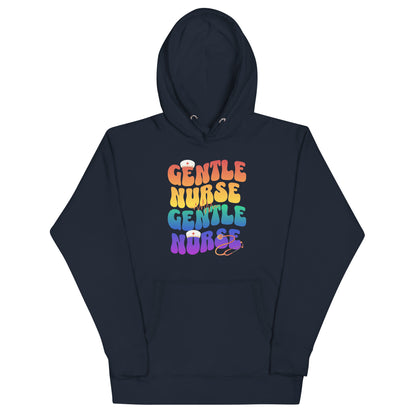 Unisex "Gentle Nurse" hoodie in navy with colorful text, featuring a front pouch pocket and 3-panel hood.
