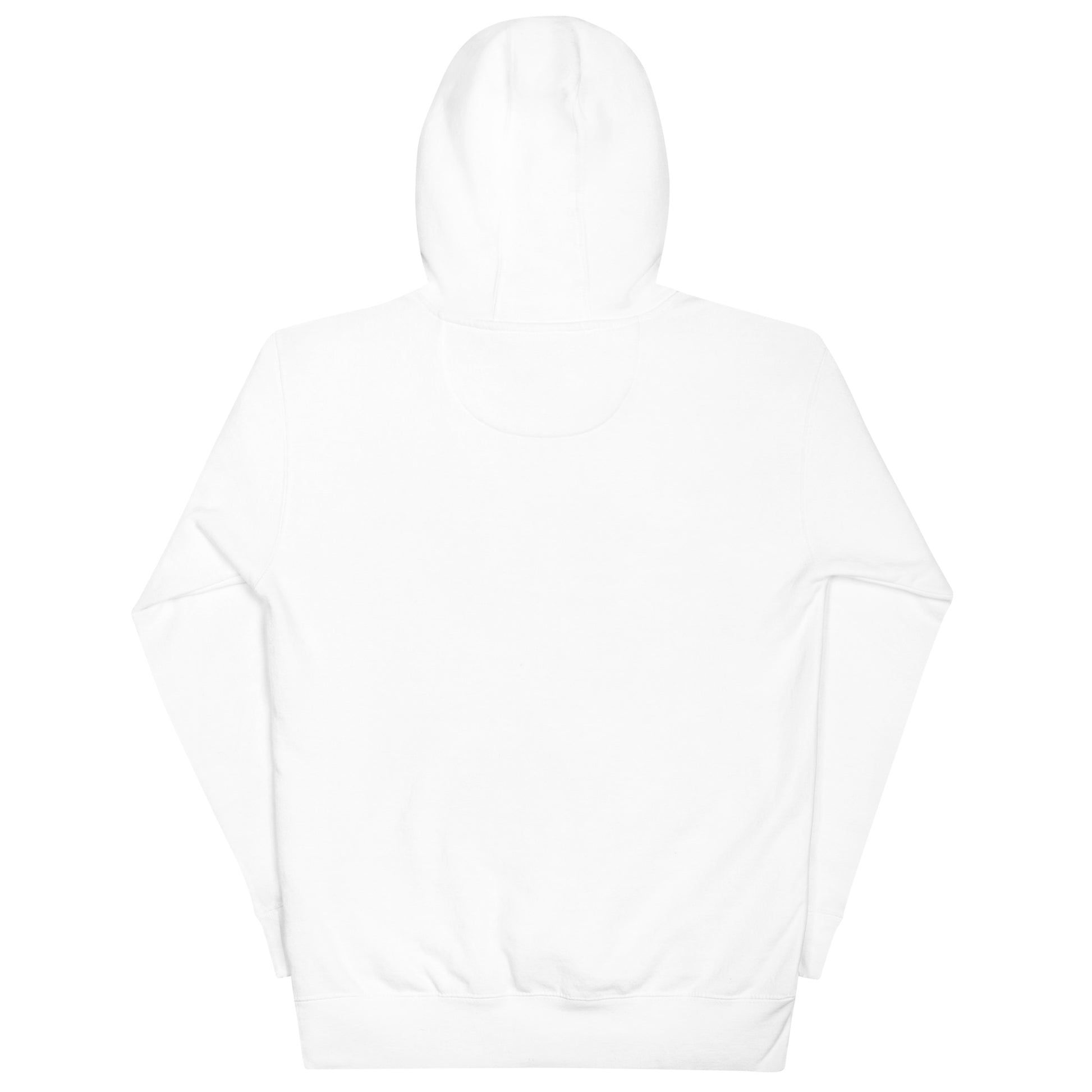Back view of a white Gentle Nurse unisex hoodie with a 3-panel hood and self-fabric patch. Ideal for nursing professionals.