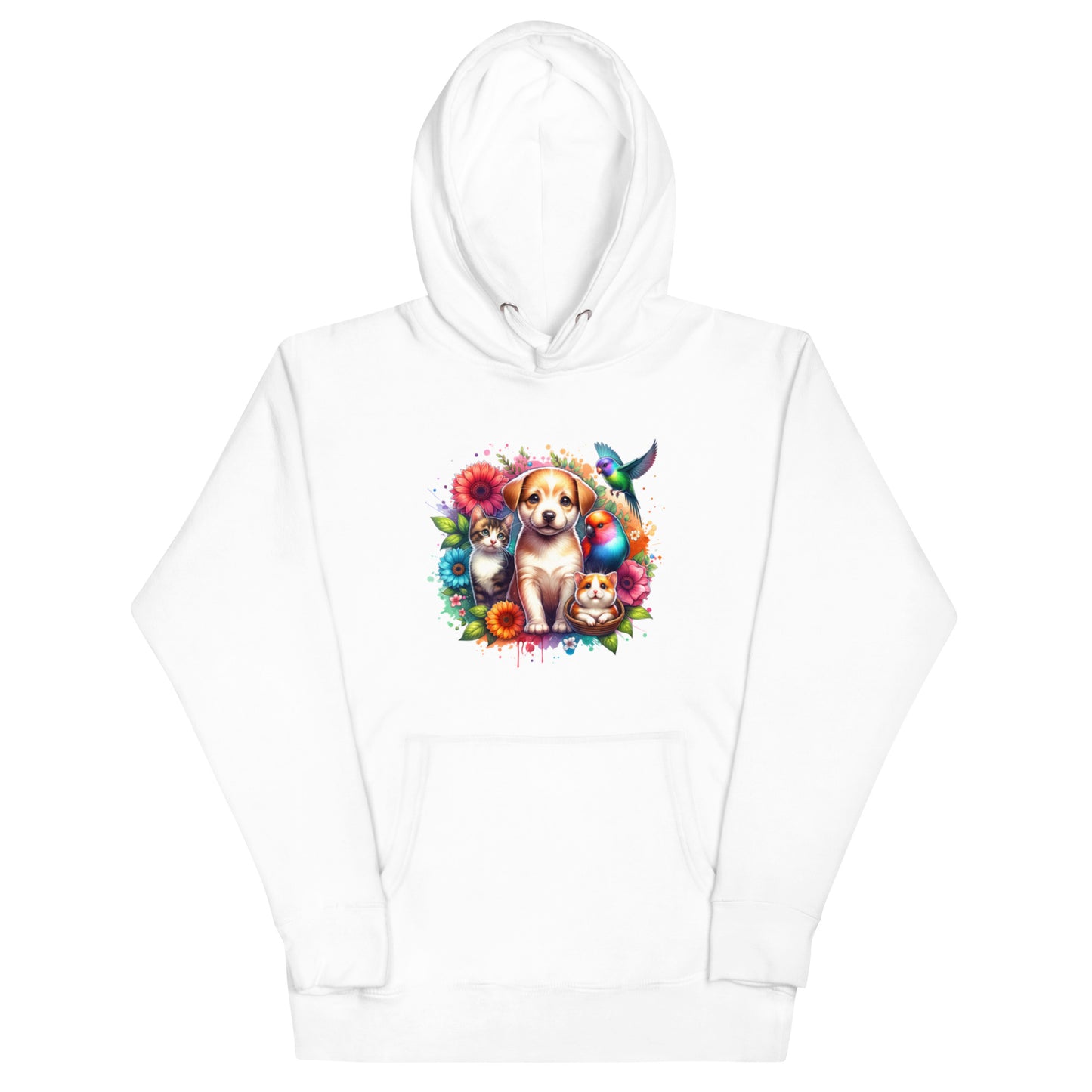 Poppy & Pals unisex hoodie featuring a cute dog and colorful floral design, perfect for cozy and stylish wear.