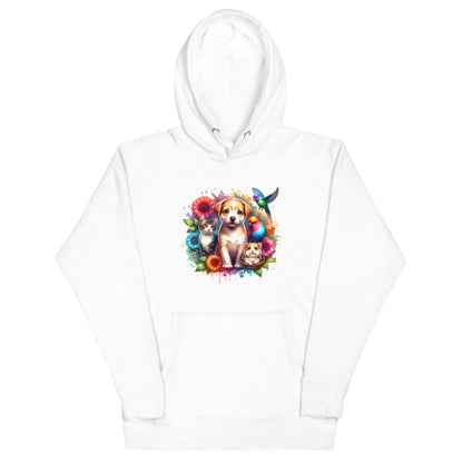 Poppy & Pals unisex hoodie featuring a cute dog and colorful floral design, perfect for cozy and stylish wear.