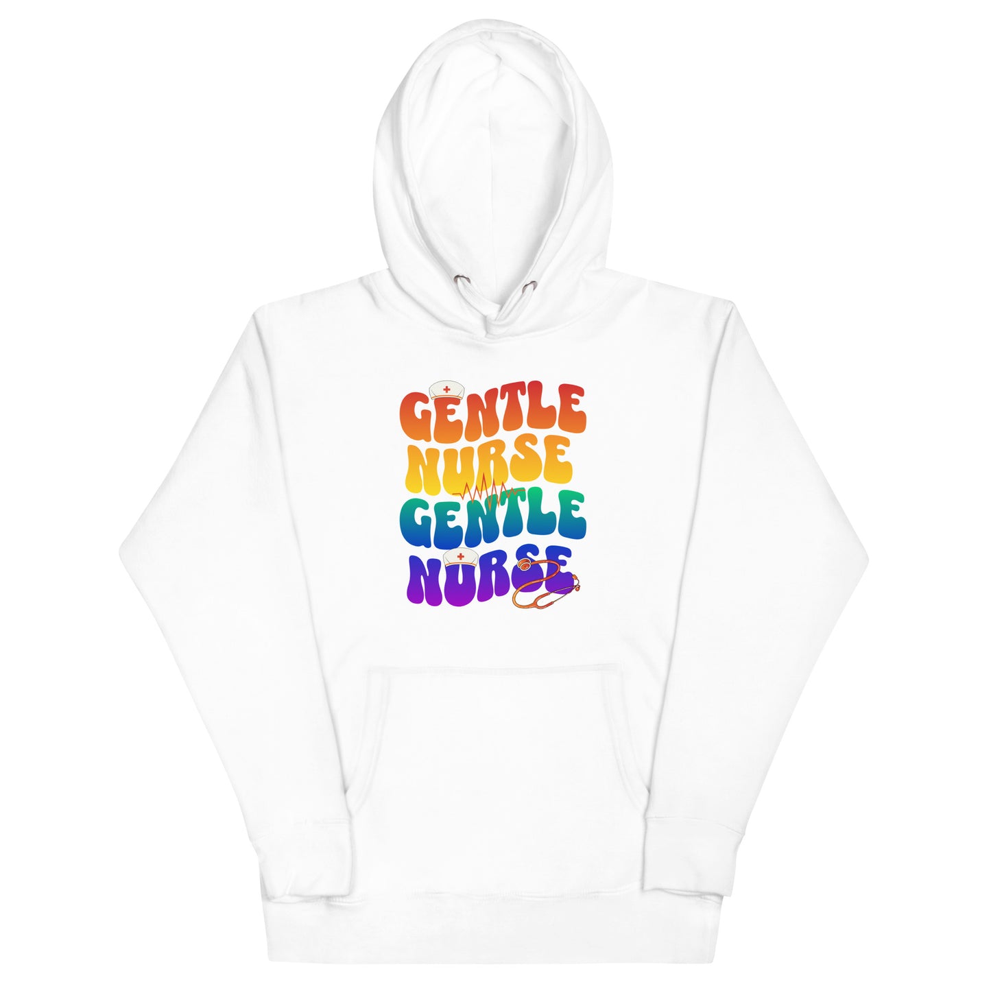 Gentle Nurse unisex hoodie in white with colorful text design celebrating compassion and care for nurses.