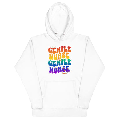 Gentle Nurse unisex hoodie in white with colorful text design celebrating compassion and care for nurses.